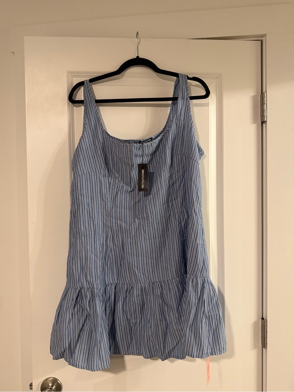 PrettyLittleThing Light Blue Striped Sleeveless Ruffle-Hem Dress